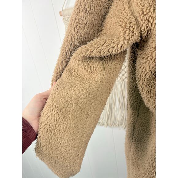 Uniqlo Tan Teddy Coat Womens Small Longline Fleece Sherpa Jacket No Collar - Picture 5 of 13
